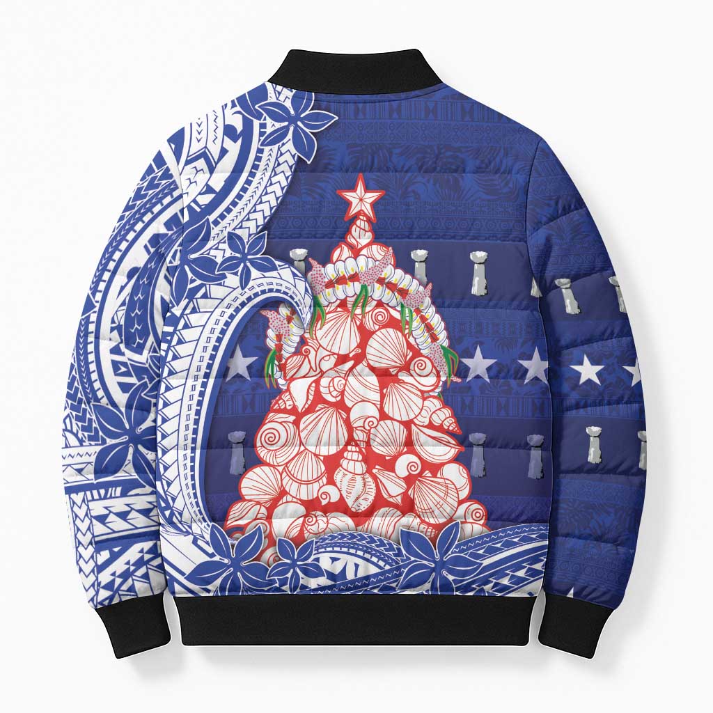 Northern Mariana Islands Christmas Bomber Puffer Jacket Seashell Xmas Tree Tribal Waves - Polynesian Pride