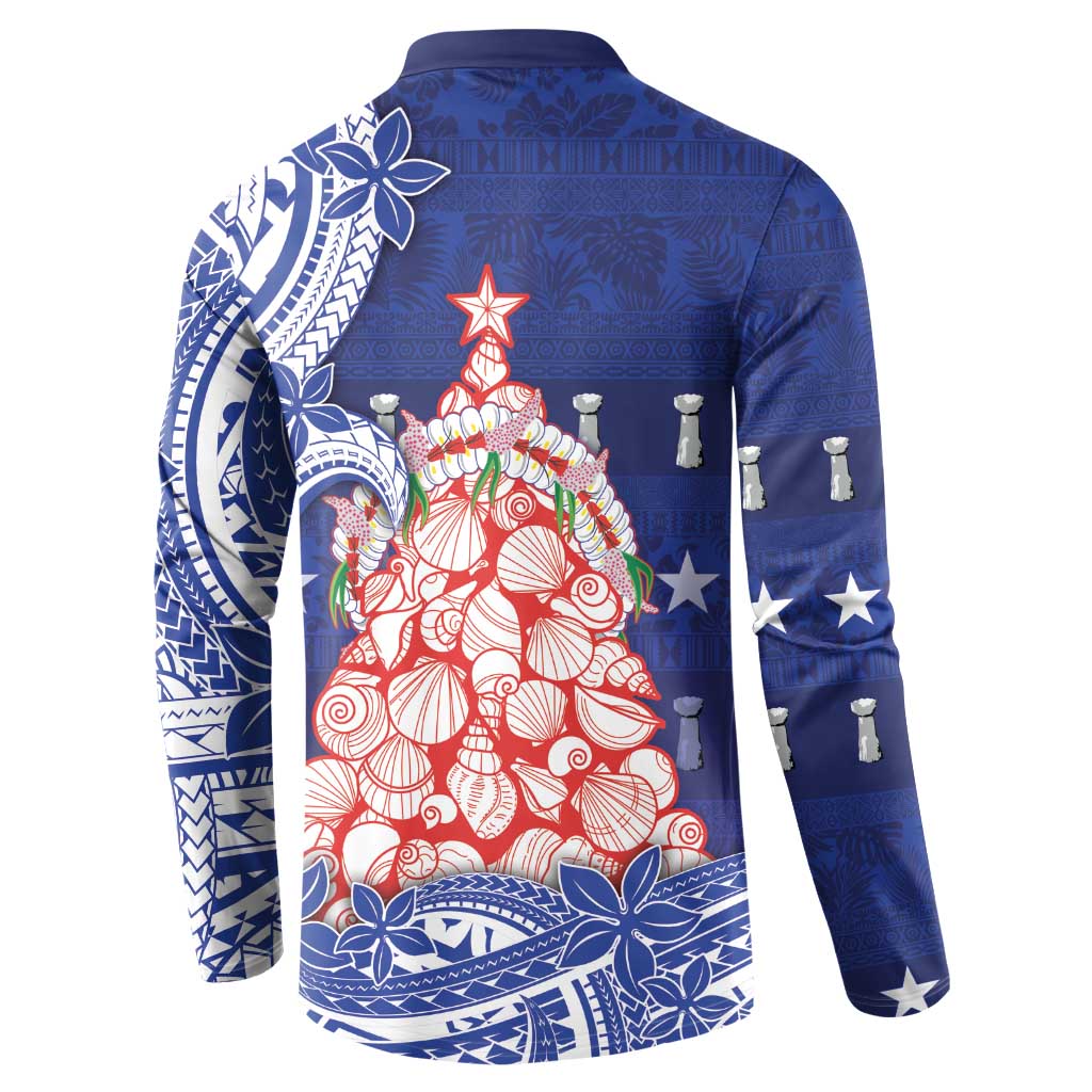 Northern Mariana Islands Christmas Button Sweatshirt Seashell Xmas Tree Tribal Waves - Polynesian Pride