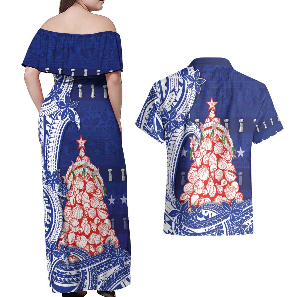 Northern Mariana Islands Christmas Couples Matching Off Shoulder Maxi Dress and Hawaiian Shirt Seashell Xmas Tree Tribal Waves - Polynesian Pride