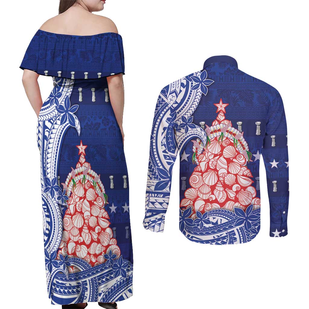 Northern Mariana Islands Christmas Couples Matching Off Shoulder Maxi Dress and Long Sleeve Button Shirt Seashell Xmas Tree Tribal Waves DT05 - Polynesian Pride