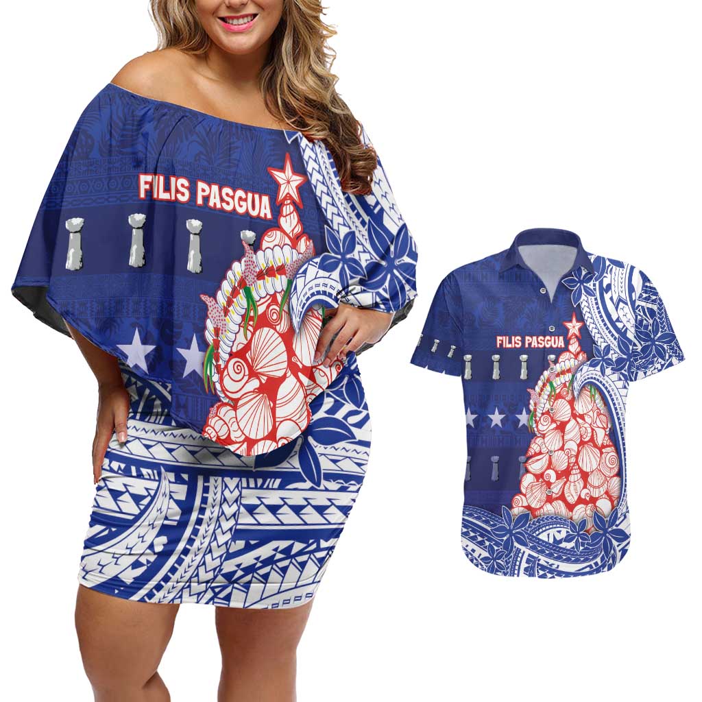 Northern Mariana Islands Christmas Couples Matching Off Shoulder Short Dress and Hawaiian Shirt Seashell Xmas Tree Tribal Waves - Polynesian Pride