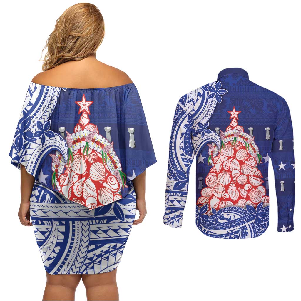 Northern Mariana Islands Christmas Couples Matching Off Shoulder Short Dress and Long Sleeve Button Shirt Seashell Xmas Tree Tribal Waves DT05 - Polynesian Pride