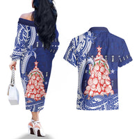 Northern Mariana Islands Christmas Couples Matching Off The Shoulder Long Sleeve Dress and Hawaiian Shirt Seashell Xmas Tree Tribal Waves - Polynesian Pride