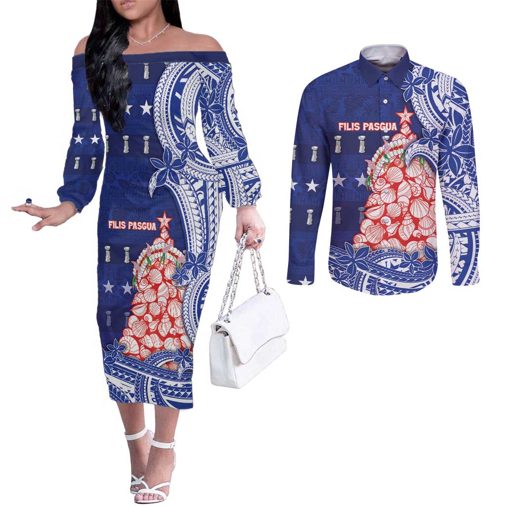 Northern Mariana Islands Christmas Couples Matching Off The Shoulder Long Sleeve Dress and Long Sleeve Button Shirt Seashell Xmas Tree Tribal Waves DT05 Navy - Polynesian Pride