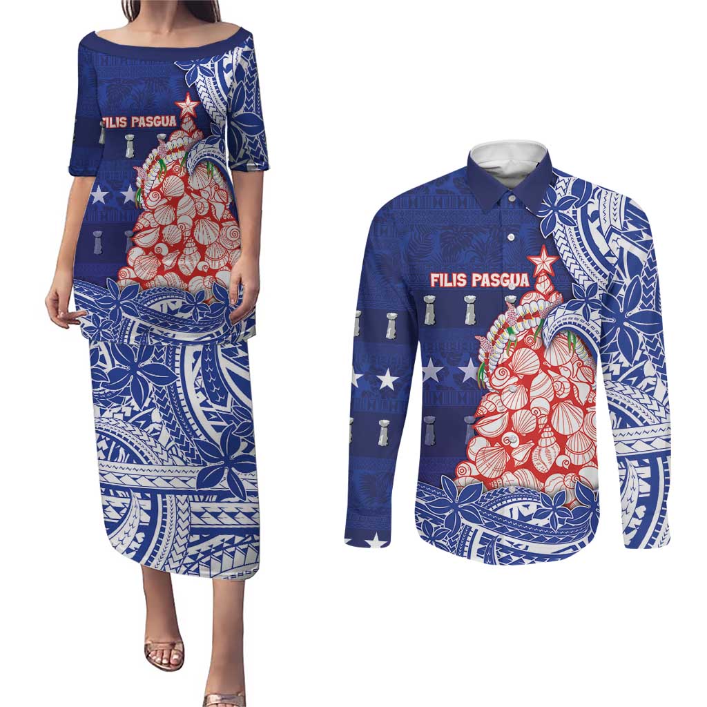 Northern Mariana Islands Christmas Couples Matching Puletasi and Long Sleeve Button Shirt Seashell Xmas Tree Tribal Waves DT05 Navy - Polynesian Pride