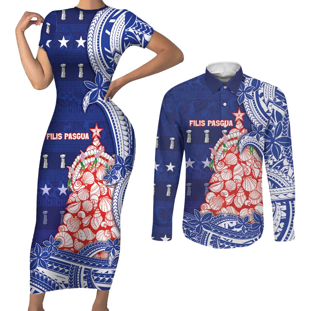 Northern Mariana Islands Christmas Couples Matching Short Sleeve Bodycon Dress and Long Sleeve Button Shirt Seashell Xmas Tree Tribal Waves DT05 Navy - Polynesian Pride