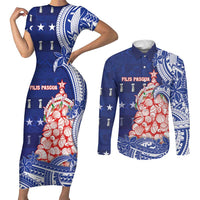 Northern Mariana Islands Christmas Couples Matching Short Sleeve Bodycon Dress and Long Sleeve Button Shirt Seashell Xmas Tree Tribal Waves DT05 Navy - Polynesian Pride