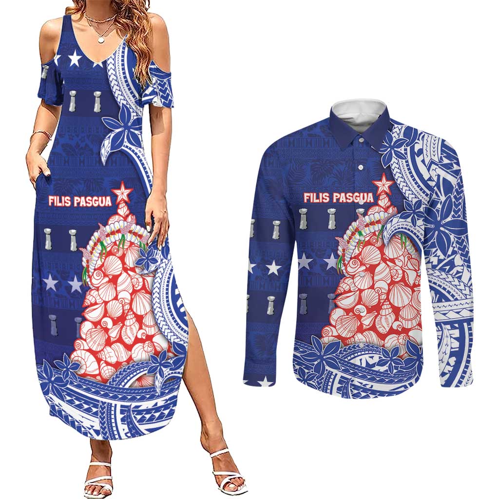 Northern Mariana Islands Christmas Couples Matching Summer Maxi Dress and Long Sleeve Button Shirt Seashell Xmas Tree Tribal Waves DT05 Navy - Polynesian Pride