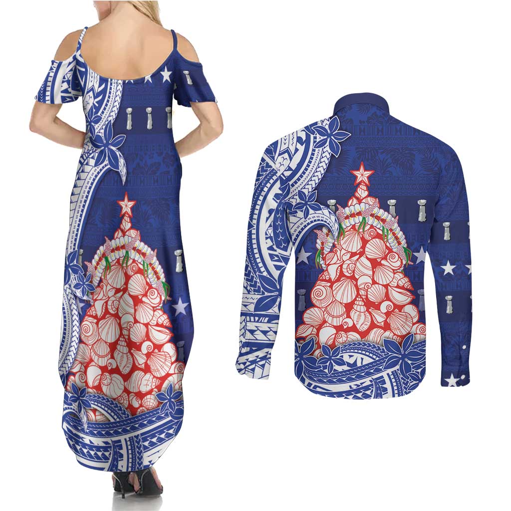 Northern Mariana Islands Christmas Couples Matching Summer Maxi Dress and Long Sleeve Button Shirt Seashell Xmas Tree Tribal Waves - Polynesian Pride