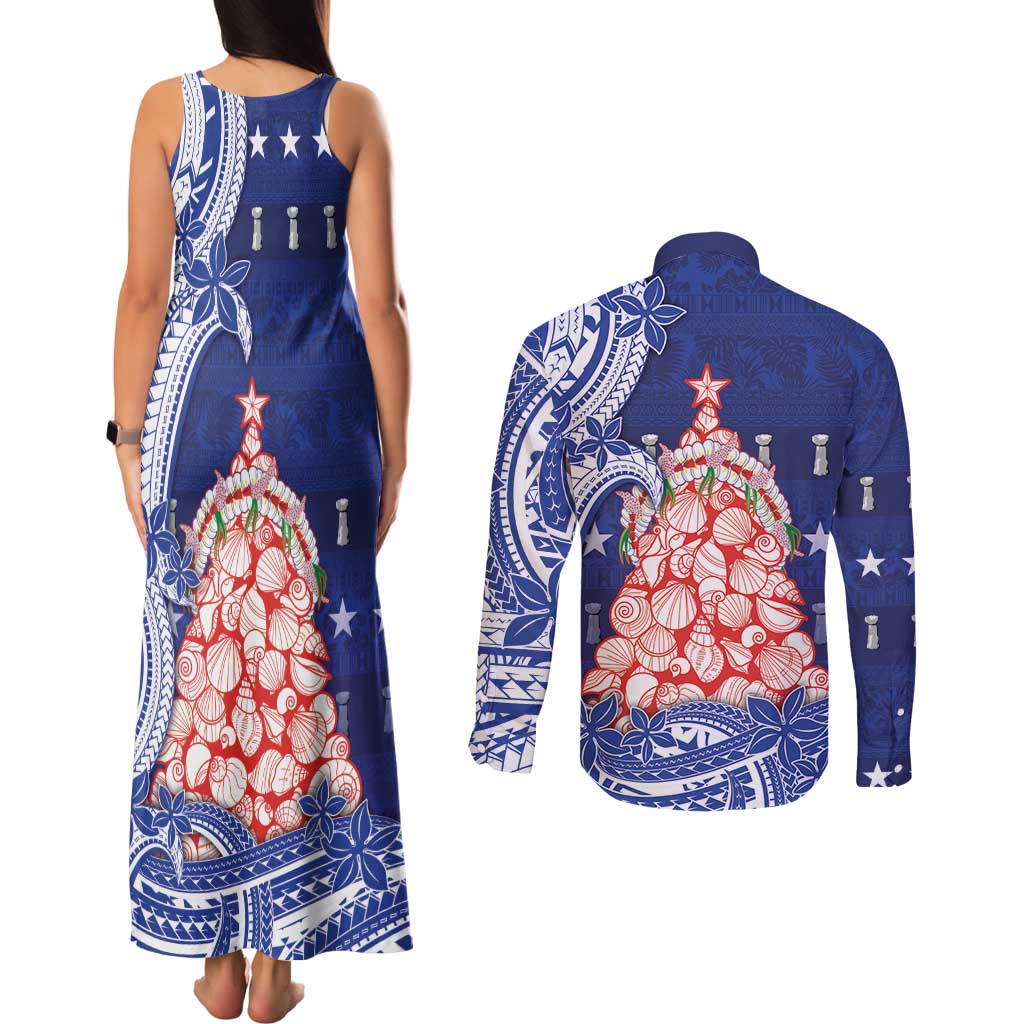 Northern Mariana Islands Christmas Couples Matching Tank Maxi Dress and Long Sleeve Button Shirt Seashell Xmas Tree Tribal Waves DT05 - Polynesian Pride