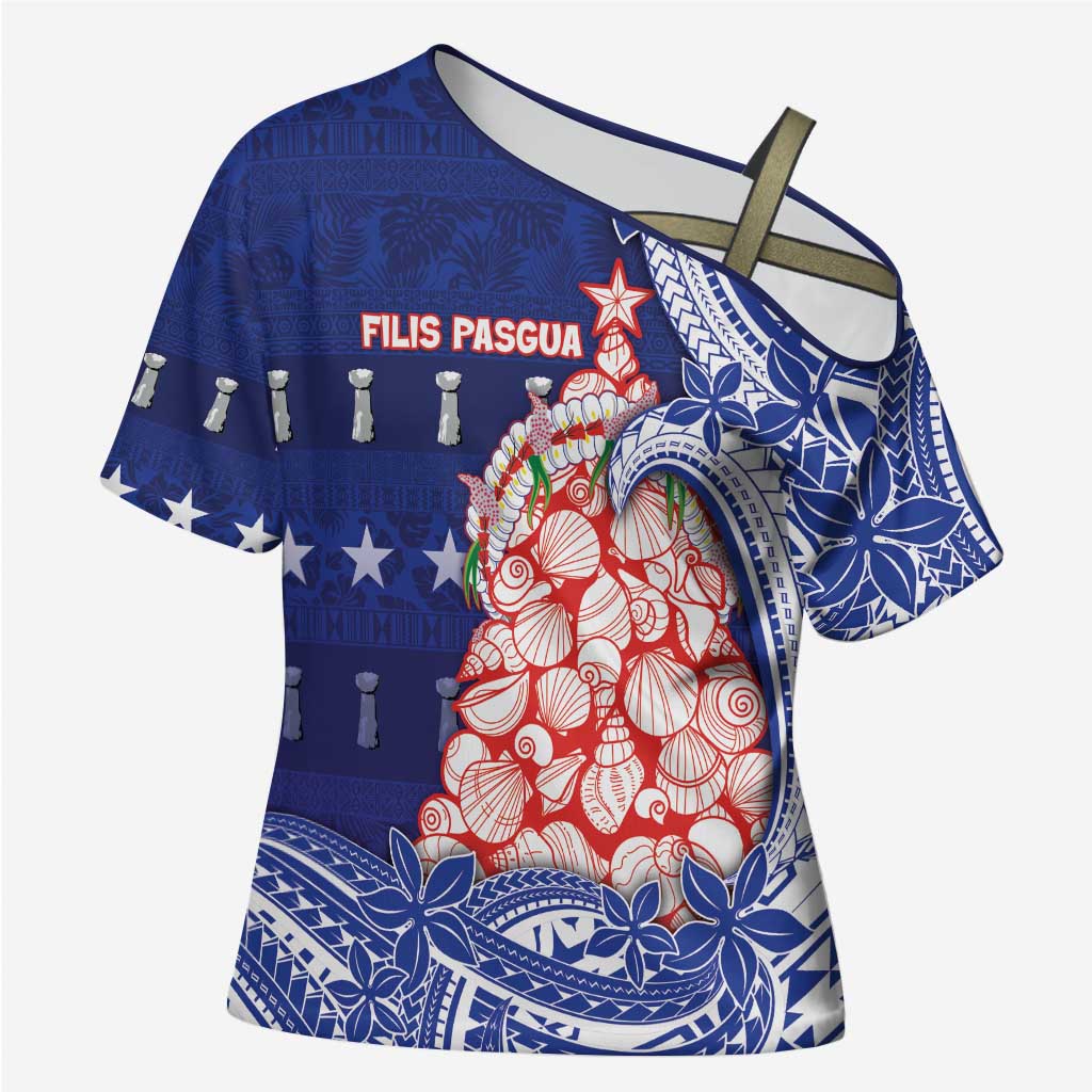 Northern Mariana Islands Christmas Cross Shoulder Shirt Seashell Xmas Tree Tribal Waves - Polynesian Pride