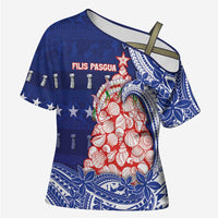 Northern Mariana Islands Christmas Cross Shoulder Shirt Seashell Xmas Tree Tribal Waves - Polynesian Pride