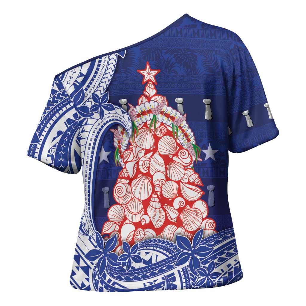 Northern Mariana Islands Christmas Cross Shoulder Shirt Seashell Xmas Tree Tribal Waves - Polynesian Pride