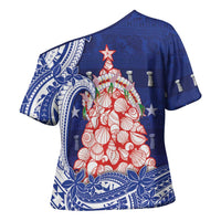Northern Mariana Islands Christmas Cross Shoulder Shirt Seashell Xmas Tree Tribal Waves - Polynesian Pride