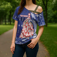 Northern Mariana Islands Christmas Cross Shoulder Shirt Seashell Xmas Tree Tribal Waves - Polynesian Pride