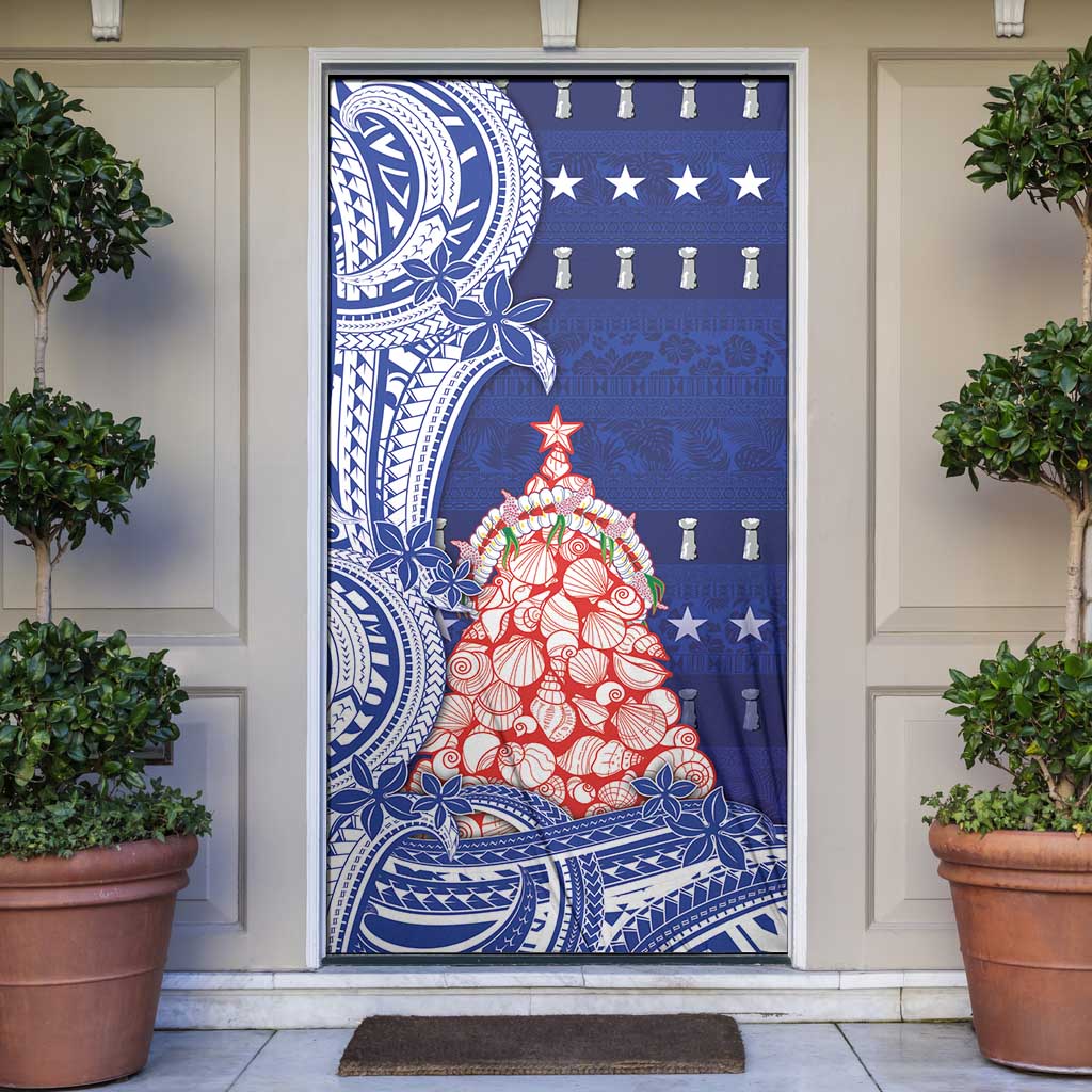 Northern Mariana Islands Christmas Door Cover Seashell Xmas Tree Tribal Waves - Polynesian Pride