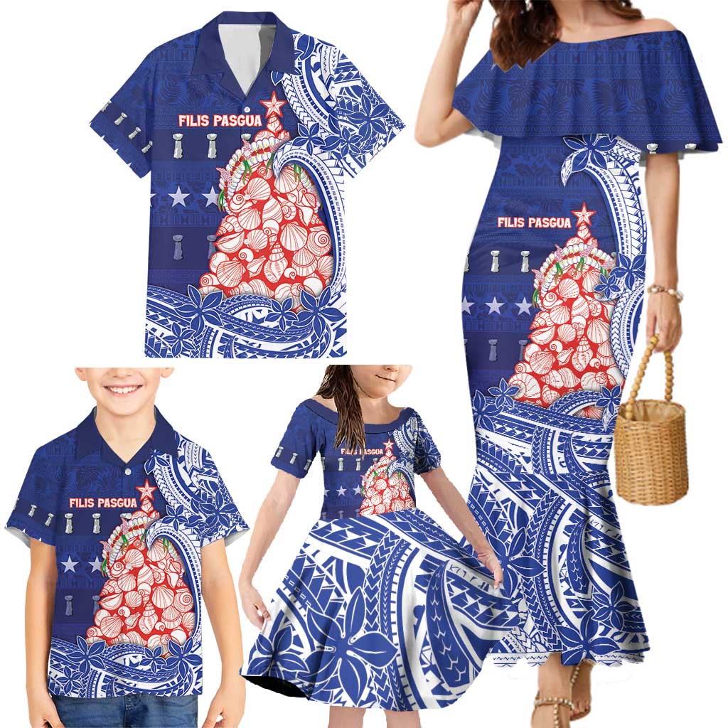 Northern Mariana Islands Christmas Family Matching Mermaid Dress and Hawaiian Shirt Seashell Xmas Tree Tribal Waves - Polynesian Pride