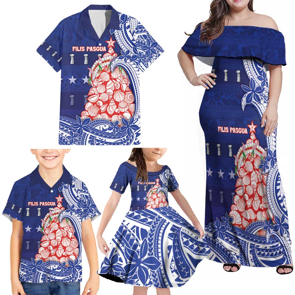 Northern Mariana Islands Christmas Family Matching Off Shoulder Maxi Dress and Hawaiian Shirt Seashell Xmas Tree Tribal Waves - Polynesian Pride