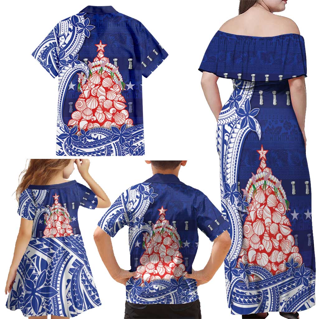 Northern Mariana Islands Christmas Family Matching Off Shoulder Maxi Dress and Hawaiian Shirt Seashell Xmas Tree Tribal Waves - Polynesian Pride