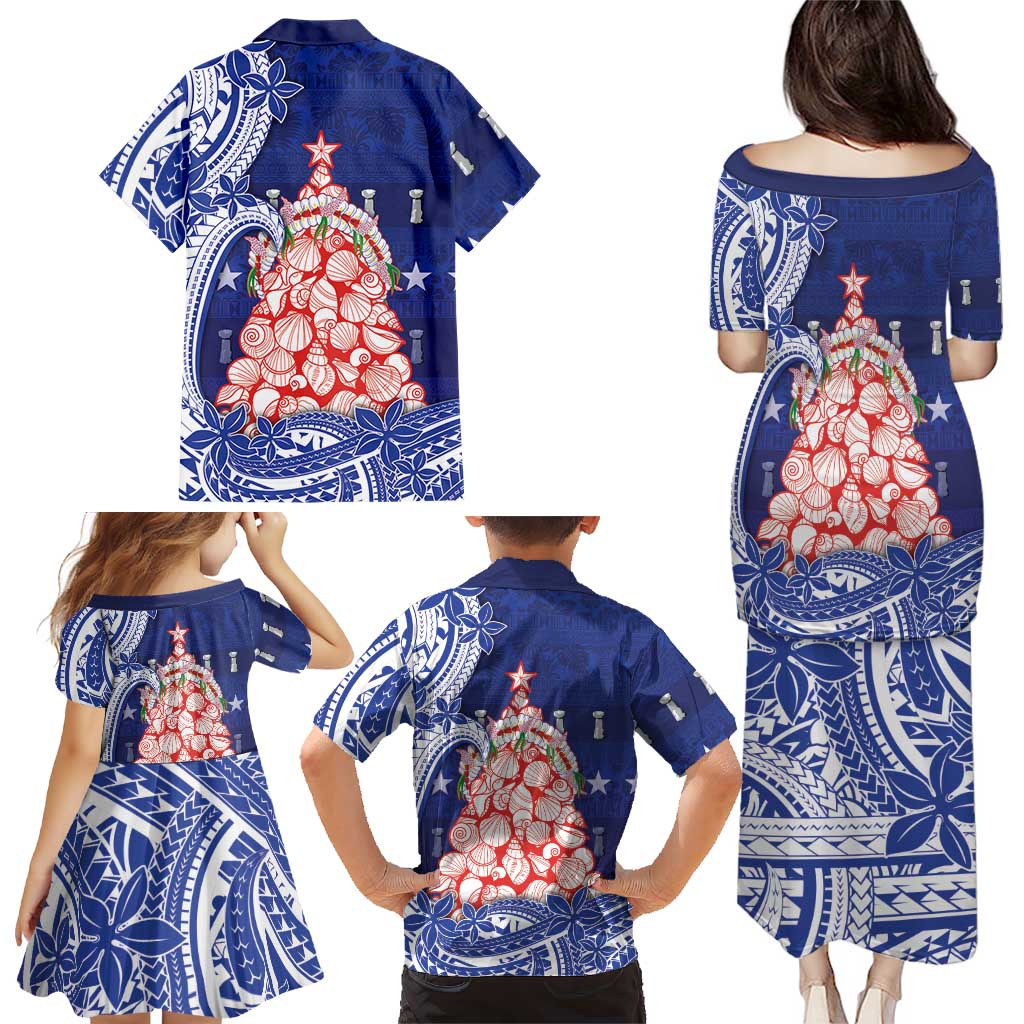Northern Mariana Islands Christmas Family Matching Puletasi and Hawaiian Shirt Seashell Xmas Tree Tribal Waves - Polynesian Pride