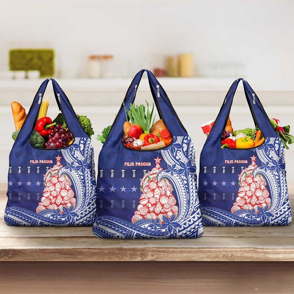 Northern Mariana Islands Christmas Grocery Bag Seashell Xmas Tree Tribal Waves - Polynesian Pride