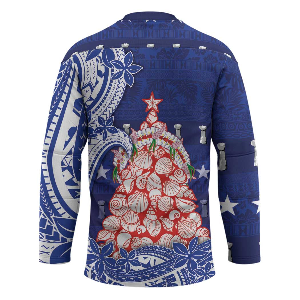 Northern Mariana Islands Christmas Hockey Jersey Seashell Xmas Tree Tribal Waves - Polynesian Pride