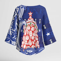 Northern Mariana Islands Christmas Kimono Sleeve Blouse Seashell Xmas Tree Tribal Waves - Polynesian Pride