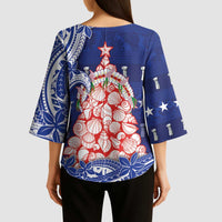 Northern Mariana Islands Christmas Kimono Sleeve Blouse Seashell Xmas Tree Tribal Waves - Polynesian Pride