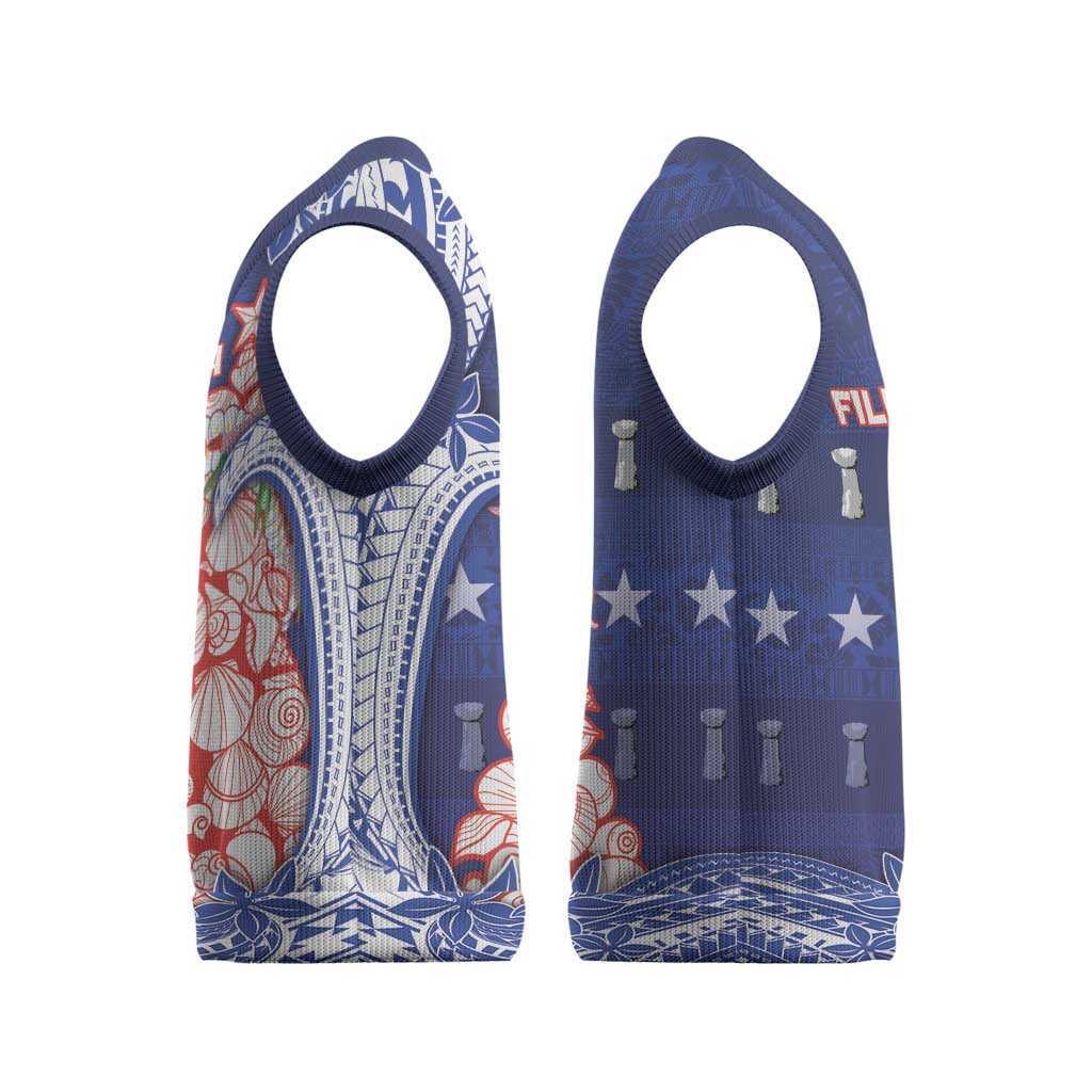 Northern Mariana Islands Christmas Knitted V-Neck Vest Seashell Xmas Tree Tribal Waves - Polynesian Pride