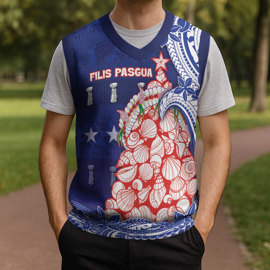 Northern Mariana Islands Christmas Knitted V-Neck Vest Seashell Xmas Tree Tribal Waves - Polynesian Pride