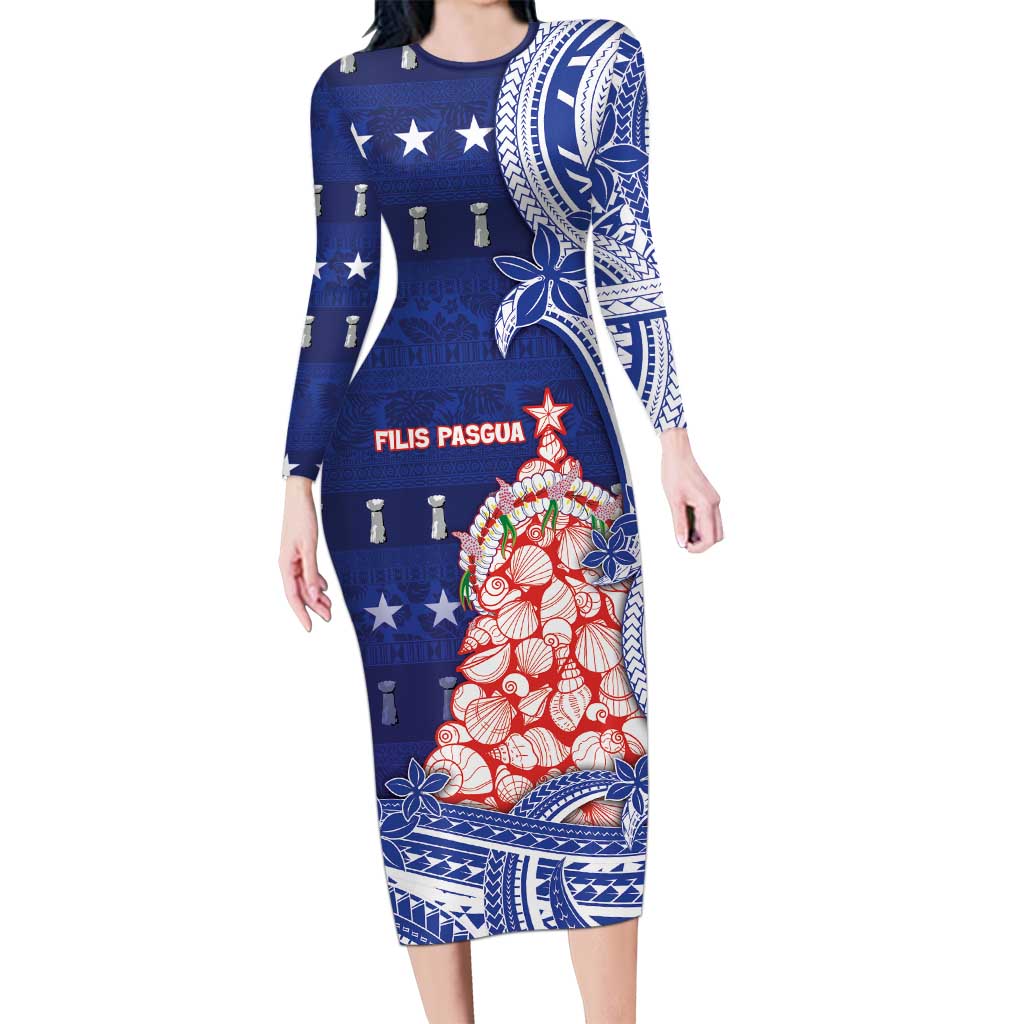 Northern Mariana Islands Christmas Long Sleeve Bodycon Dress Seashell Xmas Tree Tribal Waves - Polynesian Pride