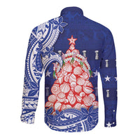 Northern Mariana Islands Christmas Long Sleeve Button Shirt Seashell Xmas Tree Tribal Waves - Polynesian Pride