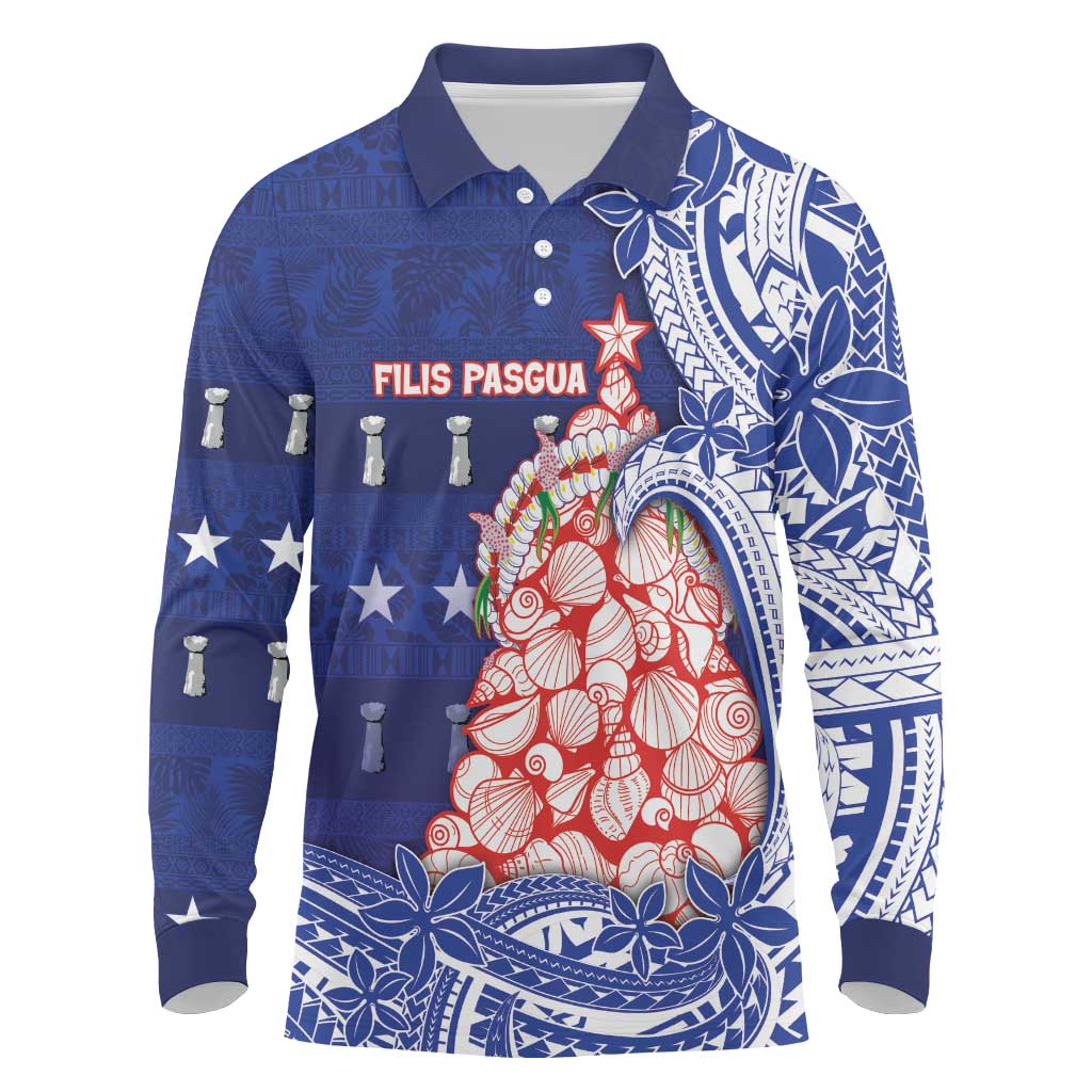 Northern Mariana Islands Christmas Long Sleeve Polo Shirt Seashell Xmas Tree Tribal Waves - Polynesian Pride