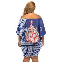 Northern Mariana Islands Christmas Off Shoulder Short Dress Seashell Xmas Tree Tribal Waves - Polynesian Pride