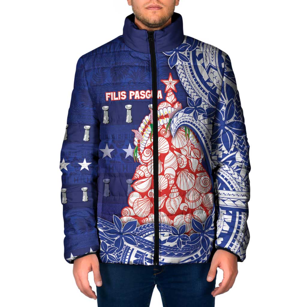 Northern Mariana Islands Christmas Padded Jacket Seashell Xmas Tree Tribal Waves - Polynesian Pride