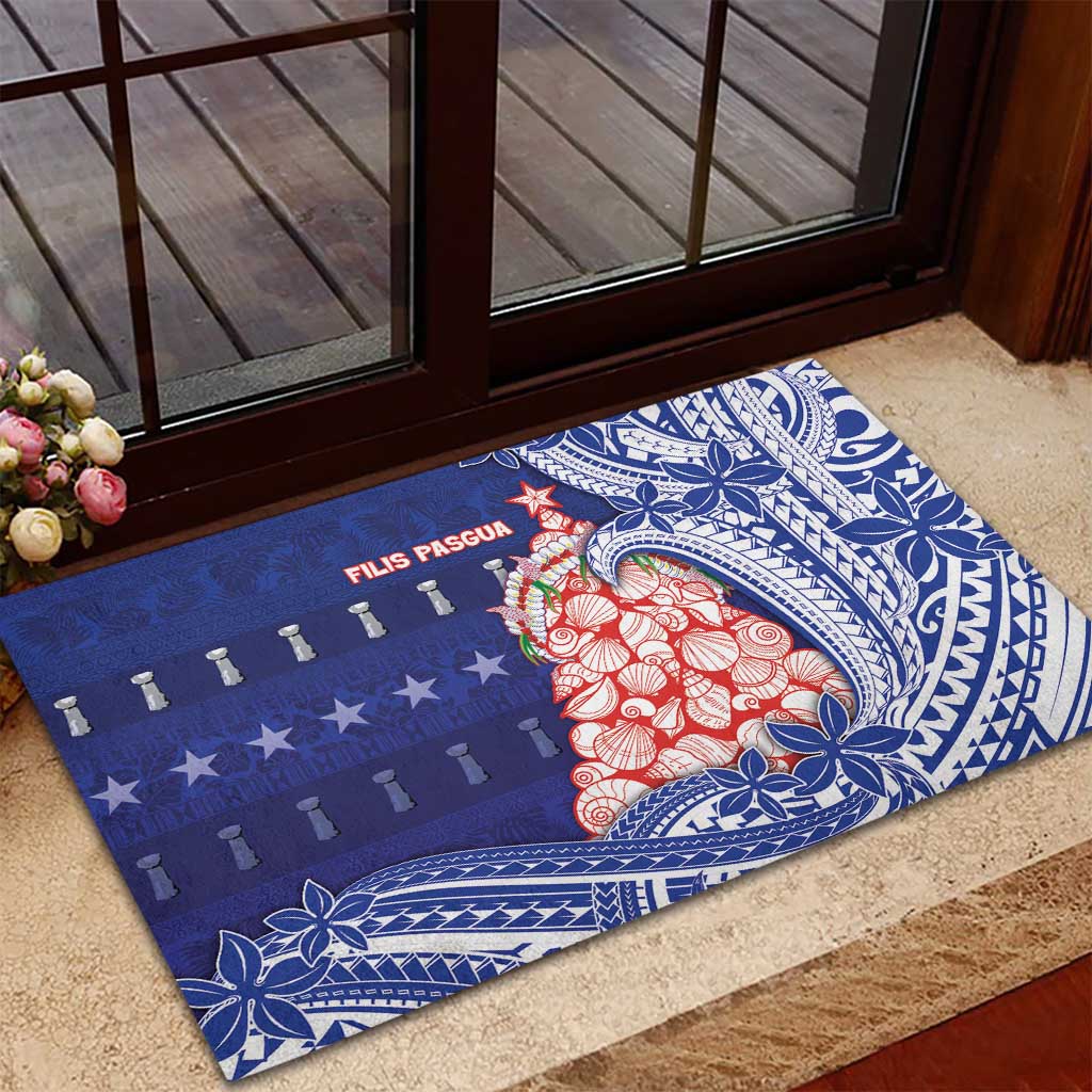 Northern Mariana Islands Christmas Rubber Doormat Seashell Xmas Tree Tribal Waves - Polynesian Pride
