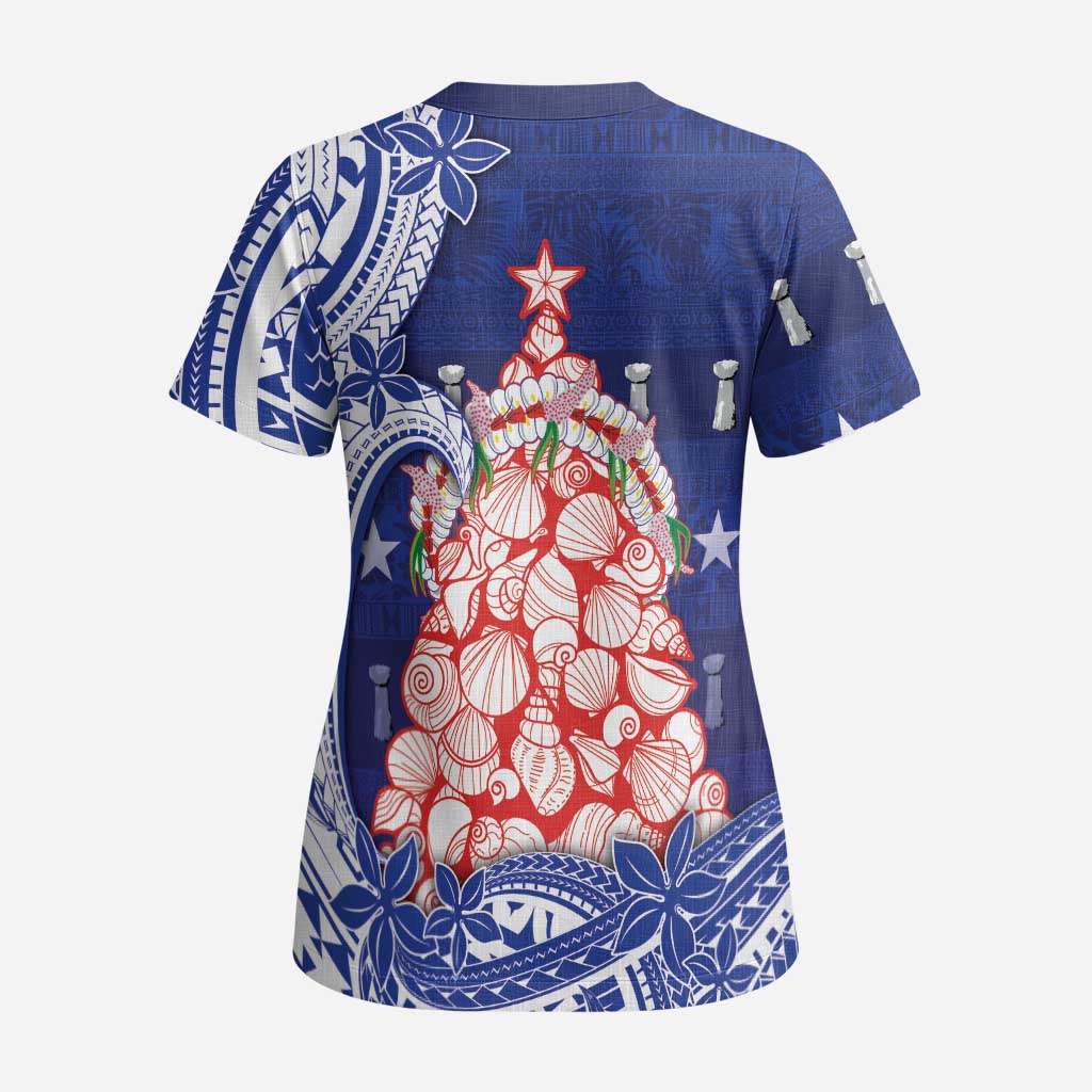 Northern Mariana Islands Christmas Scrub Top Seashell Xmas Tree Tribal Waves - Polynesian Pride