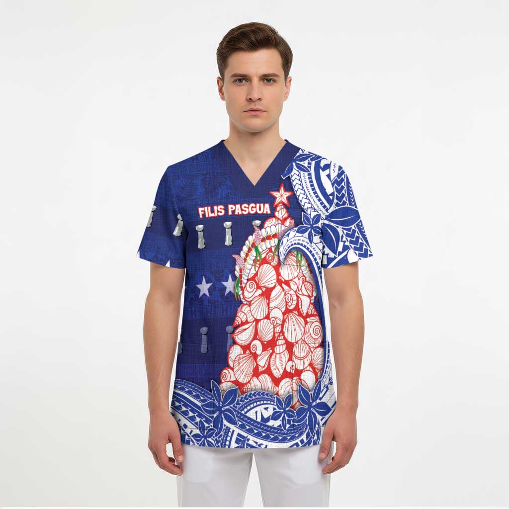 Northern Mariana Islands Christmas Scrub Top Seashell Xmas Tree Tribal Waves - Polynesian Pride