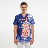 Northern Mariana Islands Christmas Scrub Top Seashell Xmas Tree Tribal Waves - Polynesian Pride