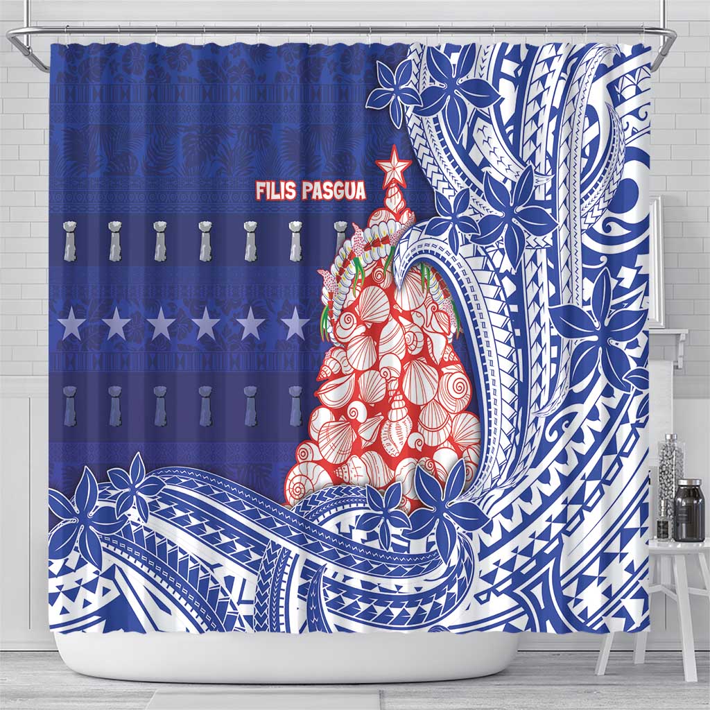 Northern Mariana Islands Christmas Shower Curtain Seashell Xmas Tree Tribal Waves - Polynesian Pride