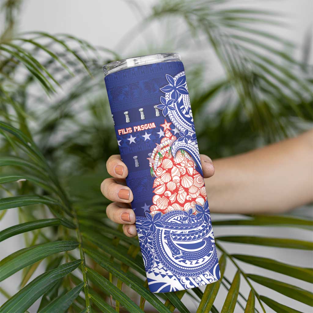 Northern Mariana Islands Christmas Skinny Tumbler Seashell Xmas Tree Tribal Waves - Polynesian Pride