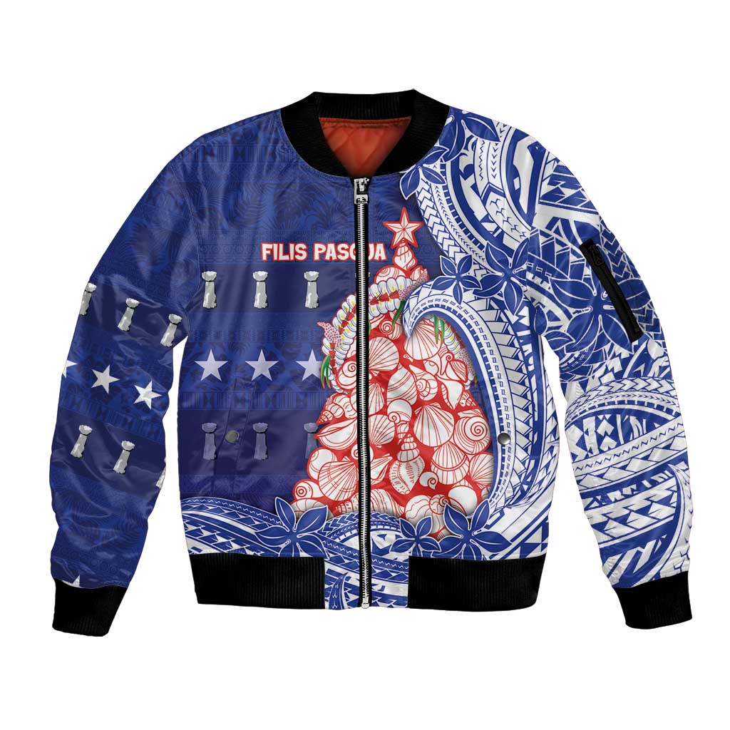 Northern Mariana Islands Christmas Sleeve Zip Bomber Jacket Seashell Xmas Tree Tribal Waves DT05 Unisex Navy - Polynesian Pride