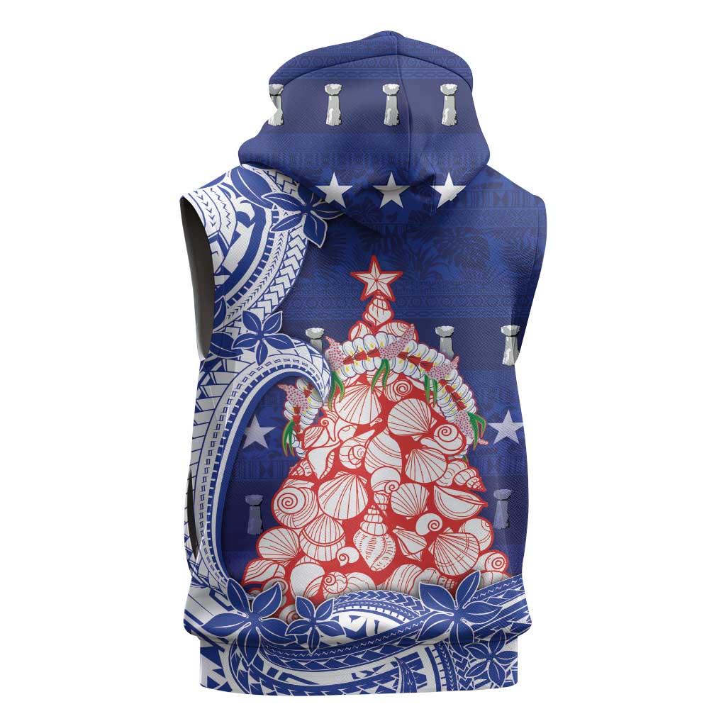 Northern Mariana Islands Christmas Sleeveless Hoodie Seashell Xmas Tree Tribal Waves - Polynesian Pride