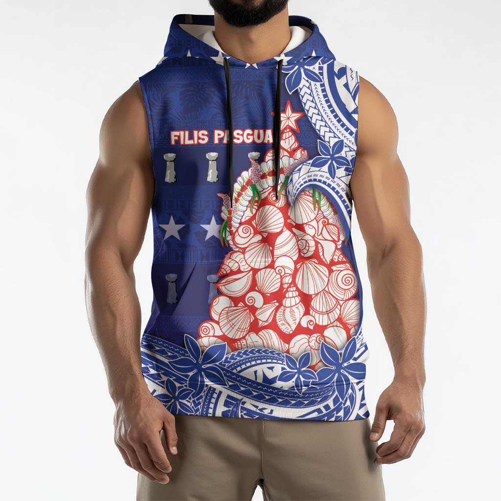 Northern Mariana Islands Christmas Sleeveless Hoodie Seashell Xmas Tree Tribal Waves - Polynesian Pride