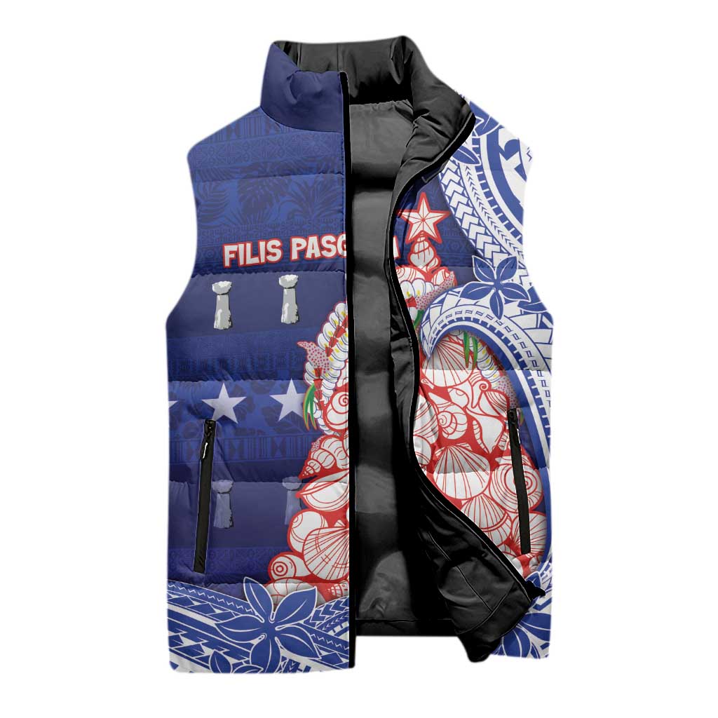 Northern Mariana Islands Christmas Sleeveless Puffer Jacket Seashell Xmas Tree Tribal Waves - Polynesian Pride