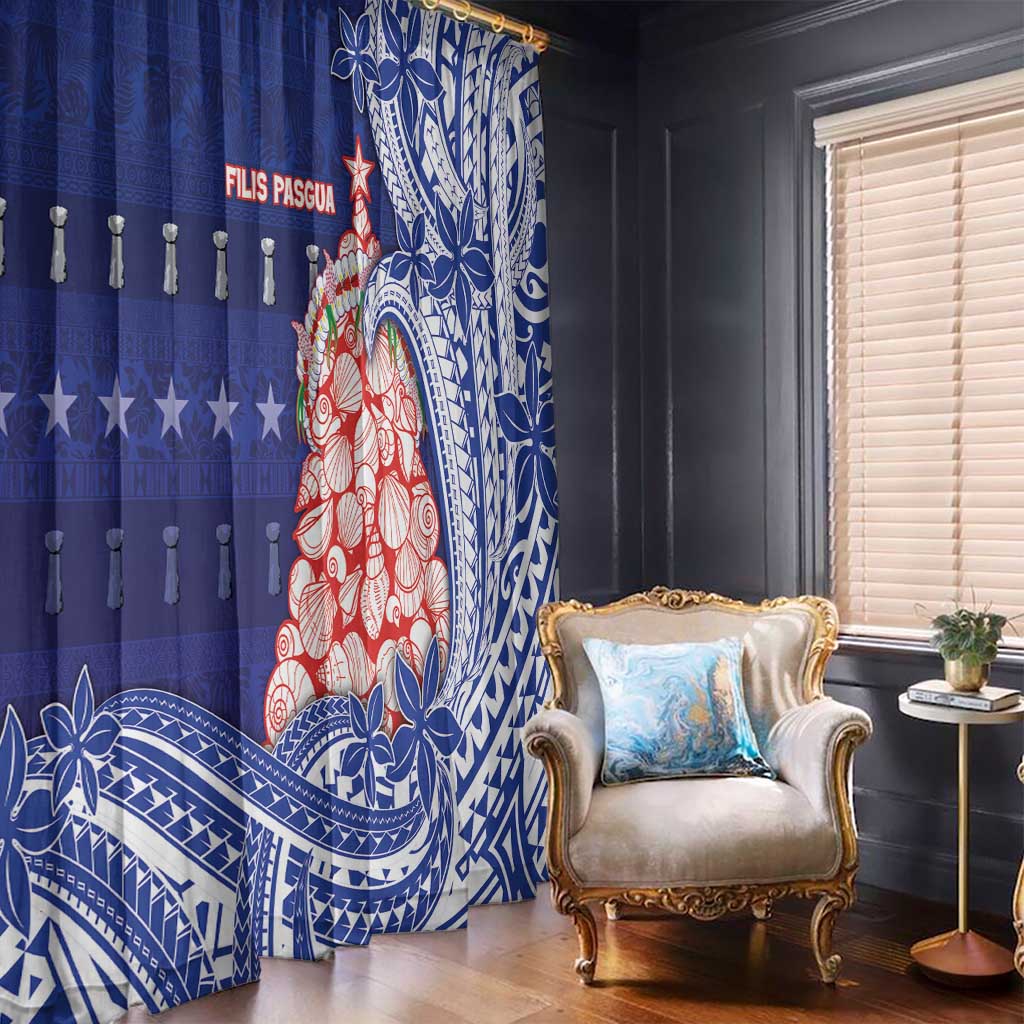 Northern Mariana Islands Christmas Window Curtain Seashell Xmas Tree Tribal Waves - Polynesian Pride