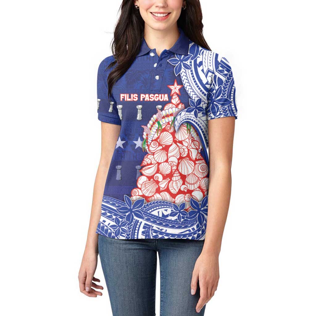 Northern Mariana Islands Christmas Women Polo Shirt Seashell Xmas Tree Tribal Waves - Polynesian Pride