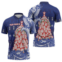 Northern Mariana Islands Christmas Zipper Polo Shirt Seashell Xmas Tree Tribal Waves - Polynesian Pride
