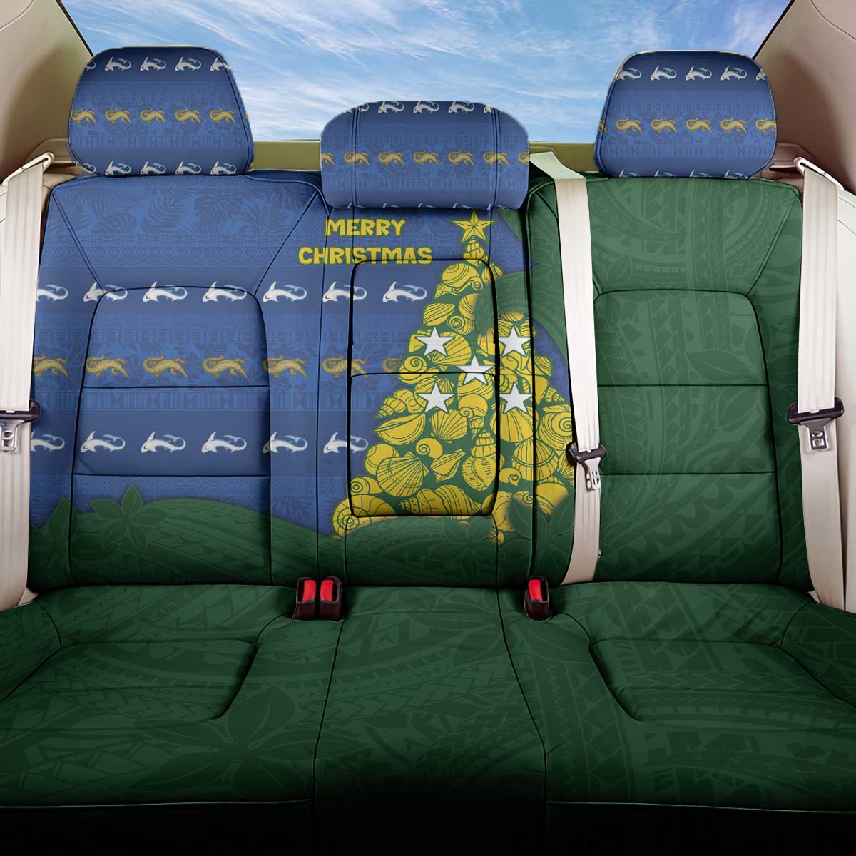 Solomon Islands Christmas Back Car Seat Cover Seashell Xmas Tree Tribal Waves - Polynesian Pride