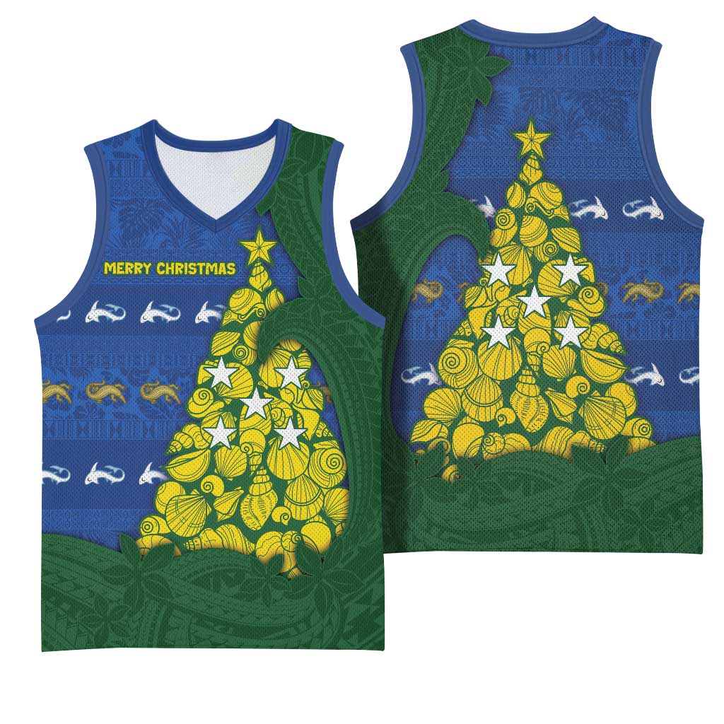 Solomon Islands Christmas Basketball Jersey Seashell Xmas Tree Tribal Waves - Polynesian Pride
